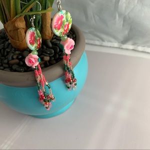 Pink and green tassel earrings